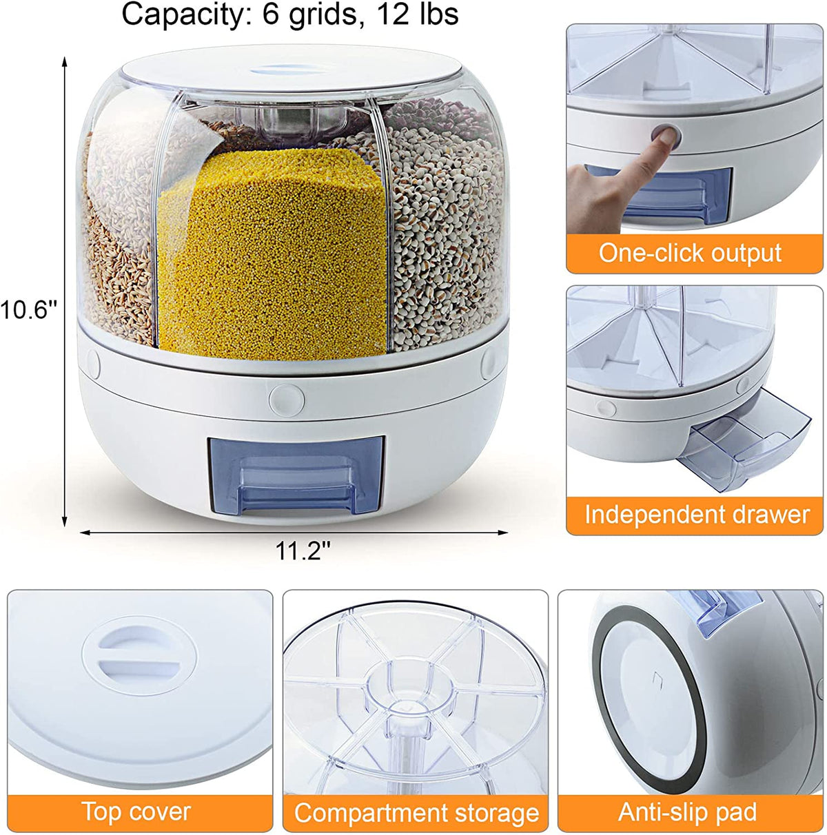 Rice Dispenser, 6-Grid 12lbs Rotating Grain Dispenser, One-Click Output Round Rice Container, WOWFUNNY Food Dispenser Kitchen Organization for Rice, Beans, Grains, Small Dry Food