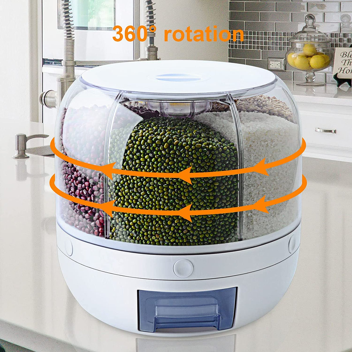 Rice Dispenser, 6-Grid 12lbs Rotating Grain Dispenser, One-Click Output Round Rice Container, WOWFUNNY Food Dispenser Kitchen Organization for Rice, Beans, Grains, Small Dry Food