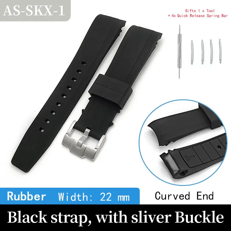 Rubber Watch Strap 22mm Curved End For Seiko SKX007