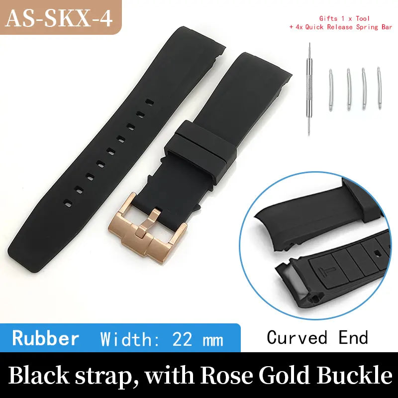 Rubber Watch Strap 22mm Curved End For Seiko SKX007