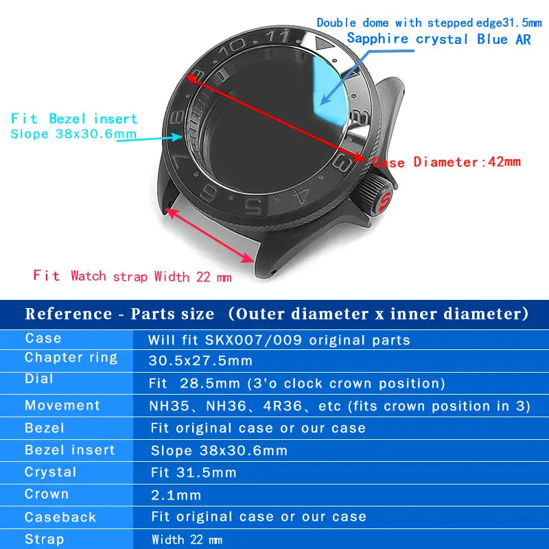 Case 3 o'clock Stainless Steel Bezel Insert For SEIKO SKX007 Sapphire Glass Fit NH35 36Movement